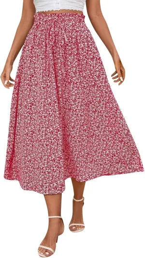 Floral Skirts for Women 2025 A-Line Loose Elastic High Waist Elastic Waist Pleated Summer Swing Skirts with Pocket