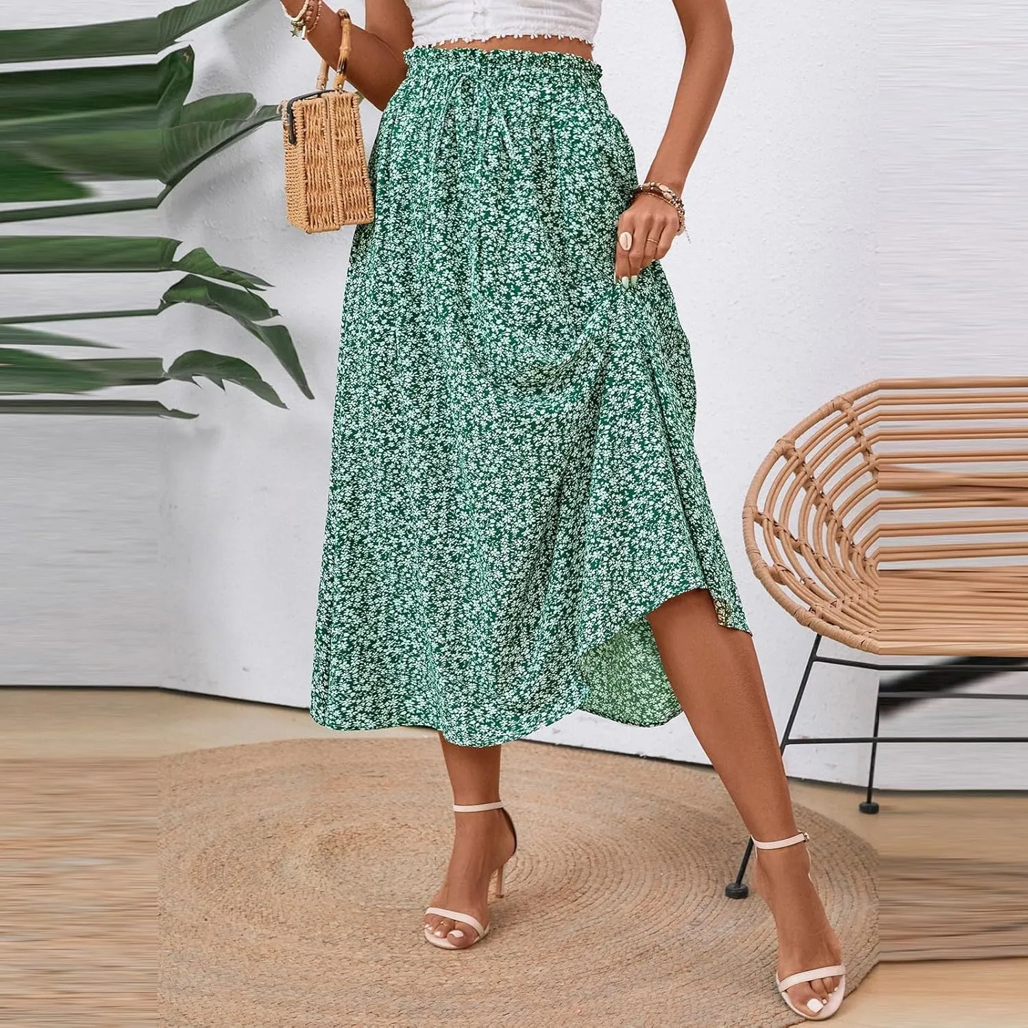 Floral Skirts for Women 2025 A-Line Loose Elastic High Waist Elastic Waist Pleated Summer Swing Skirts with Pocket
