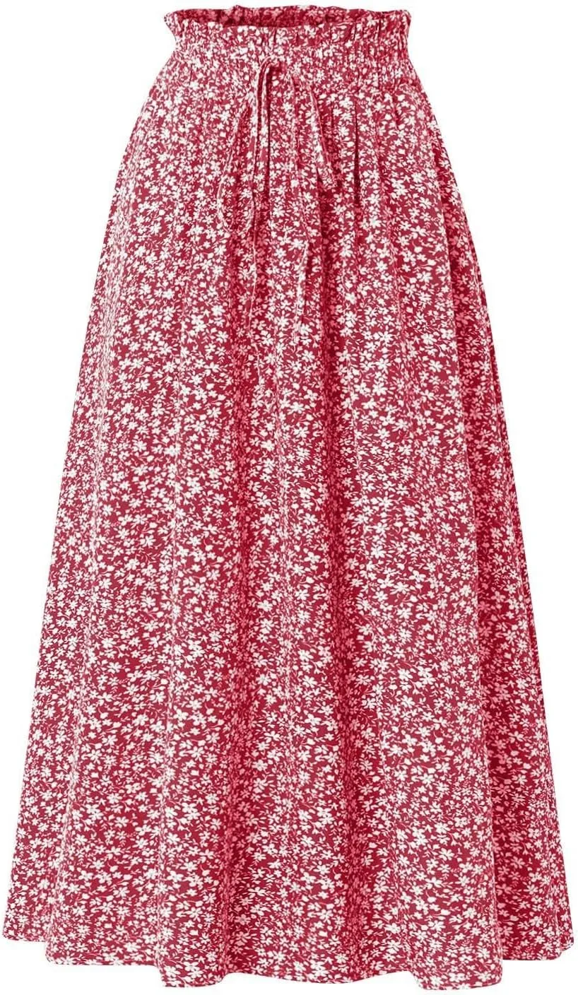 Floral Skirts for Women 2025 A-Line Loose Elastic High Waist Elastic Waist Pleated Summer Swing Skirts with Pocket