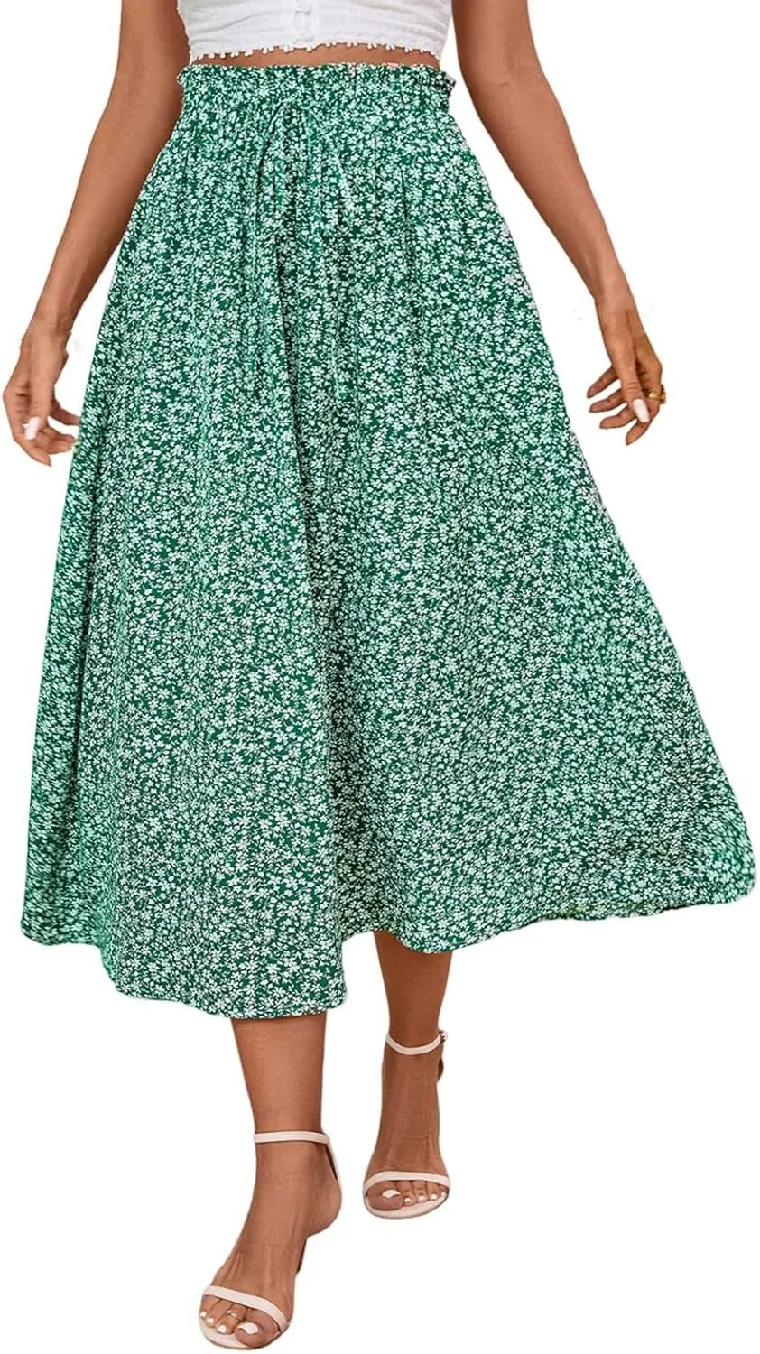 Floral Skirts for Women 2025 A-Line Loose Elastic High Waist Elastic Waist Pleated Summer Swing Skirts with Pocket
