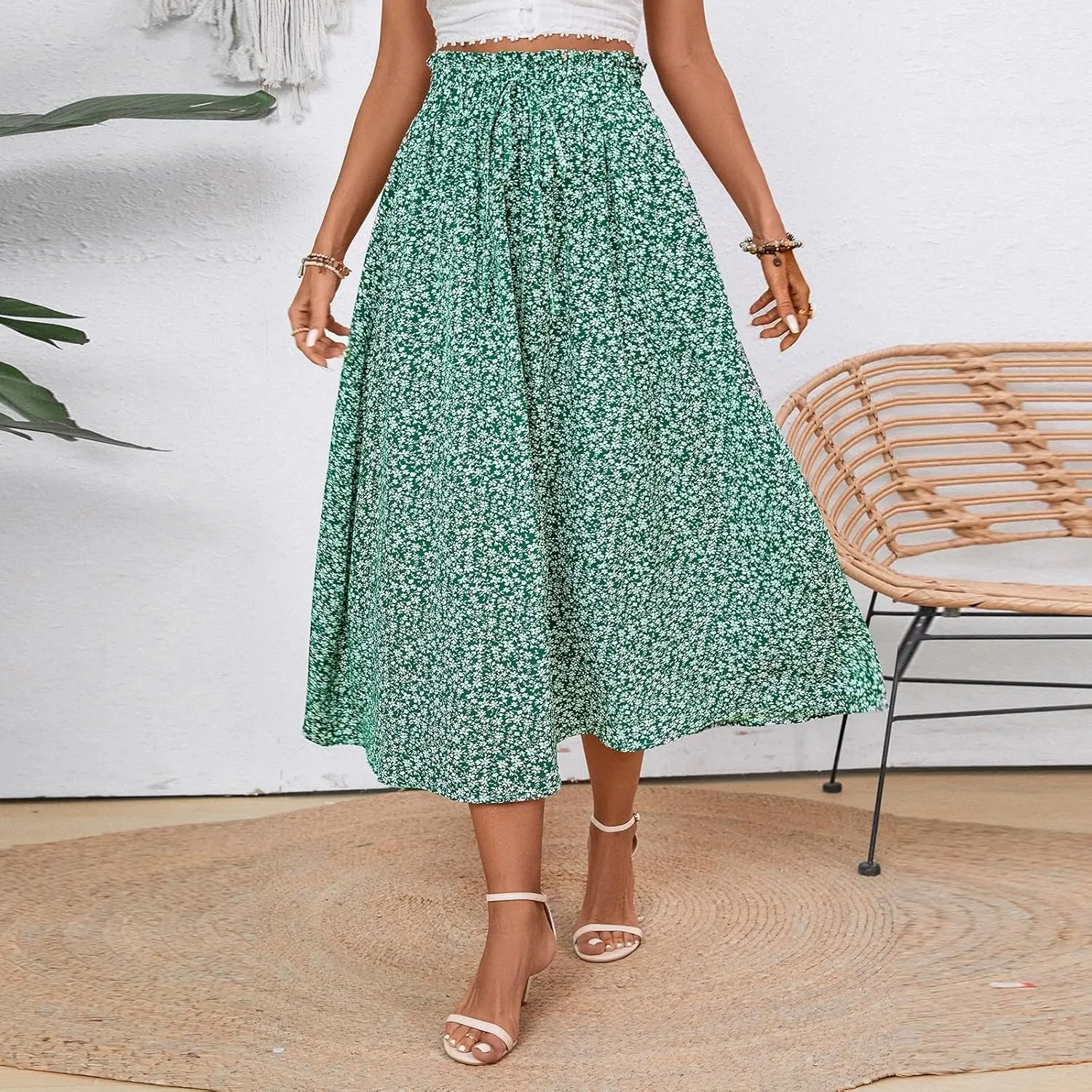 Floral Skirts for Women 2025 A-Line Loose Elastic High Waist Elastic Waist Pleated Summer Swing Skirts with Pocket
