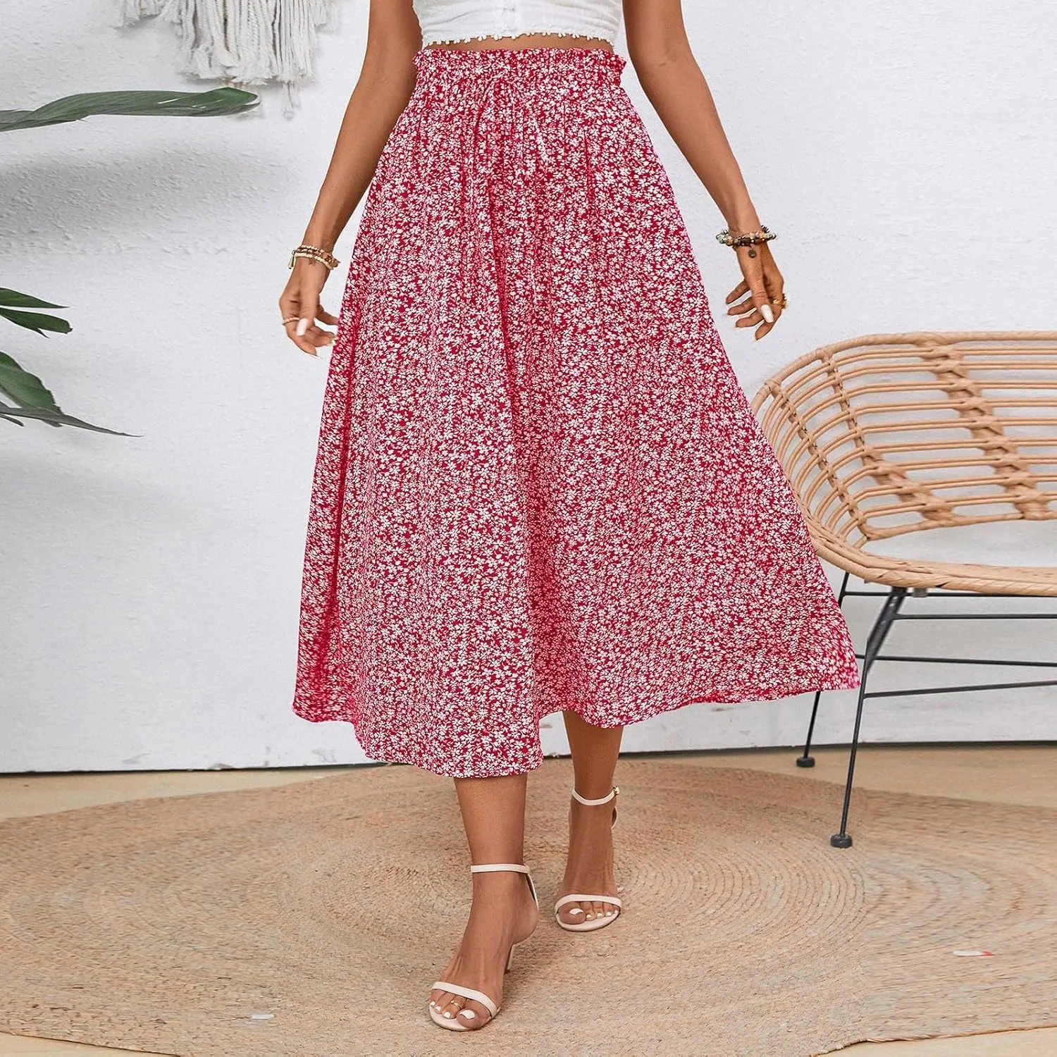 Floral Skirts for Women 2025 A-Line Loose Elastic High Waist Elastic Waist Pleated Summer Swing Skirts with Pocket