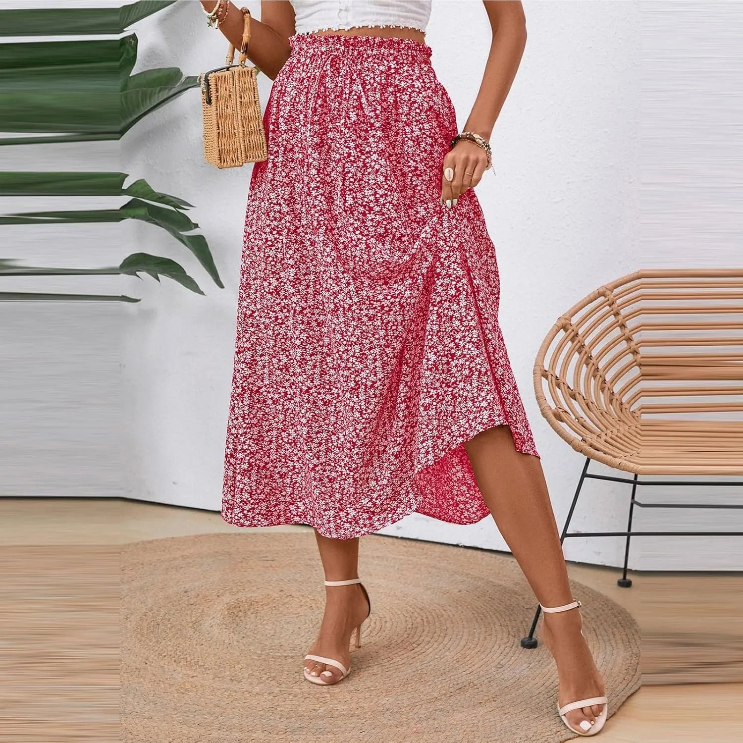 Floral Skirts for Women 2025 A-Line Loose Elastic High Waist Elastic Waist Pleated Summer Swing Skirts with Pocket