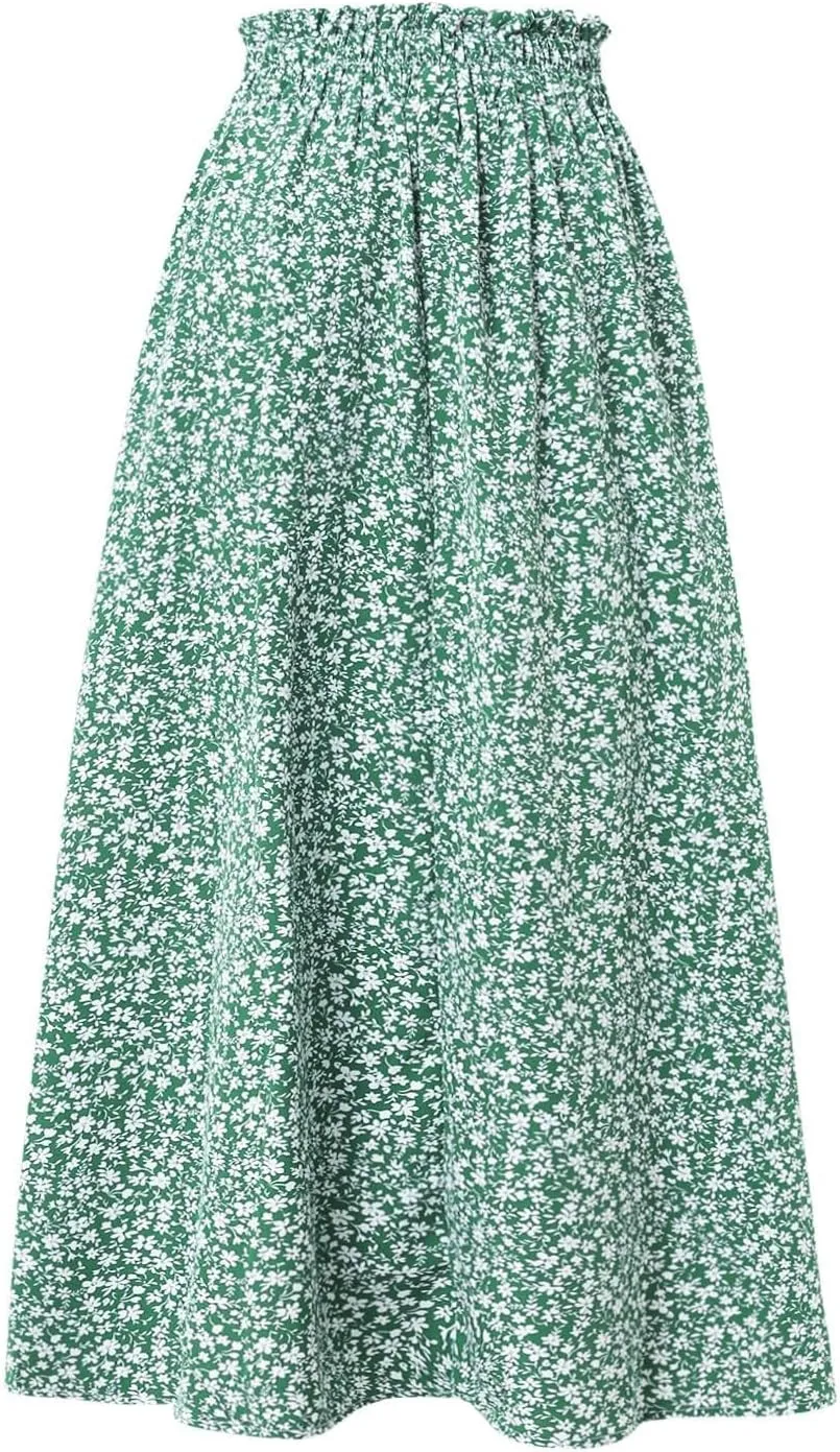 Floral Skirts for Women 2025 A-Line Loose Elastic High Waist Elastic Waist Pleated Summer Swing Skirts with Pocket