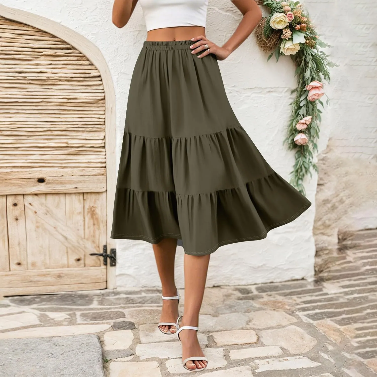 Floral Skirts for Women Calf Length Boho Beach Flowy Midi Skirt Vacation Tiered High Elastic Waist Skirts Summer