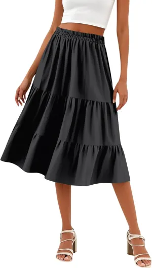 Floral Skirts for Women Calf Length Boho Beach Flowy Midi Skirt Vacation Tiered High Elastic Waist Skirts Summer