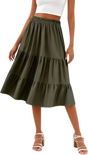 Floral Skirts for Women Calf Length Boho Beach Flowy Midi Skirt Vacation Tiered High Elastic Waist Skirts Summer