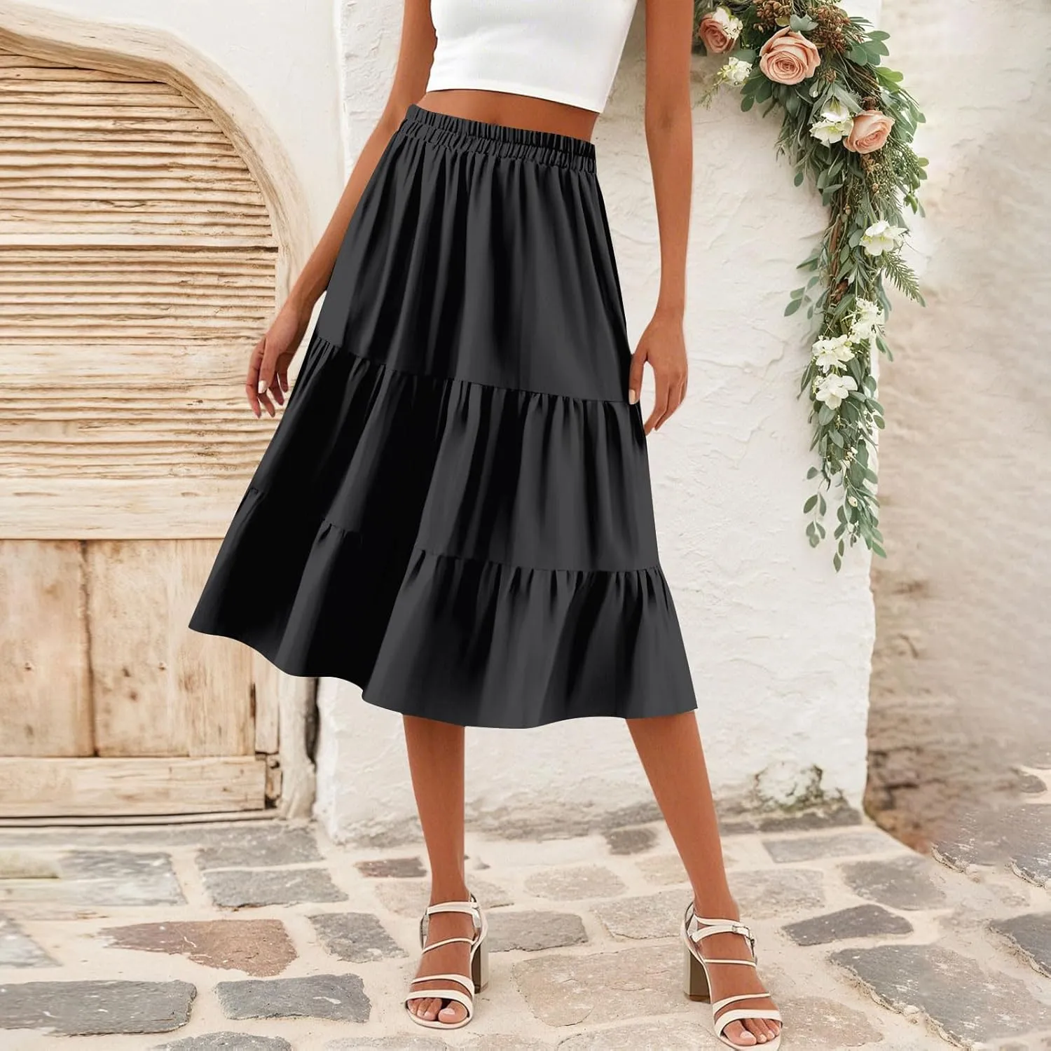 Floral Skirts for Women Calf Length Boho Beach Flowy Midi Skirt Vacation Tiered High Elastic Waist Skirts Summer