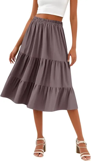 Floral Skirts for Women Calf Length Boho Beach Flowy Midi Skirt Vacation Tiered High Elastic Waist Skirts Summer