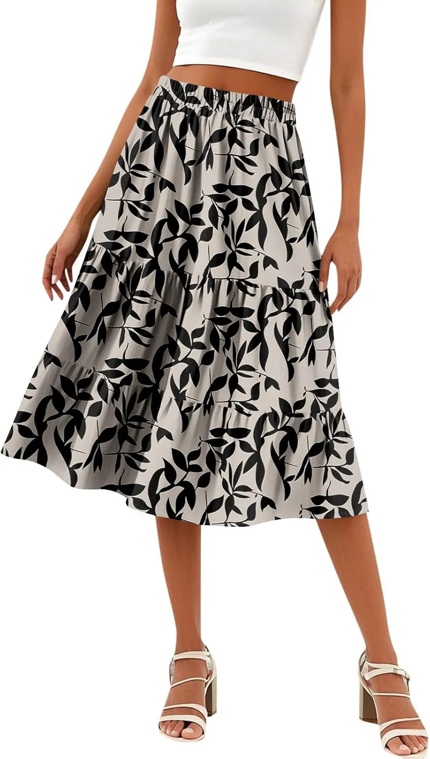 Floral Skirts for Women Calf Length Boho Beach Flowy Midi Skirt Vacation Tiered High Elastic Waist Skirts Summer