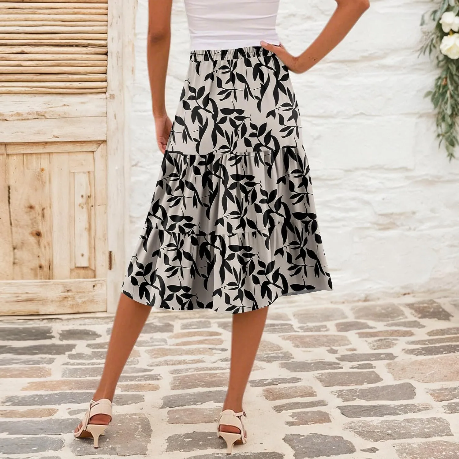 Floral Skirts for Women Calf Length Boho Beach Flowy Midi Skirt Vacation Tiered High Elastic Waist Skirts Summer