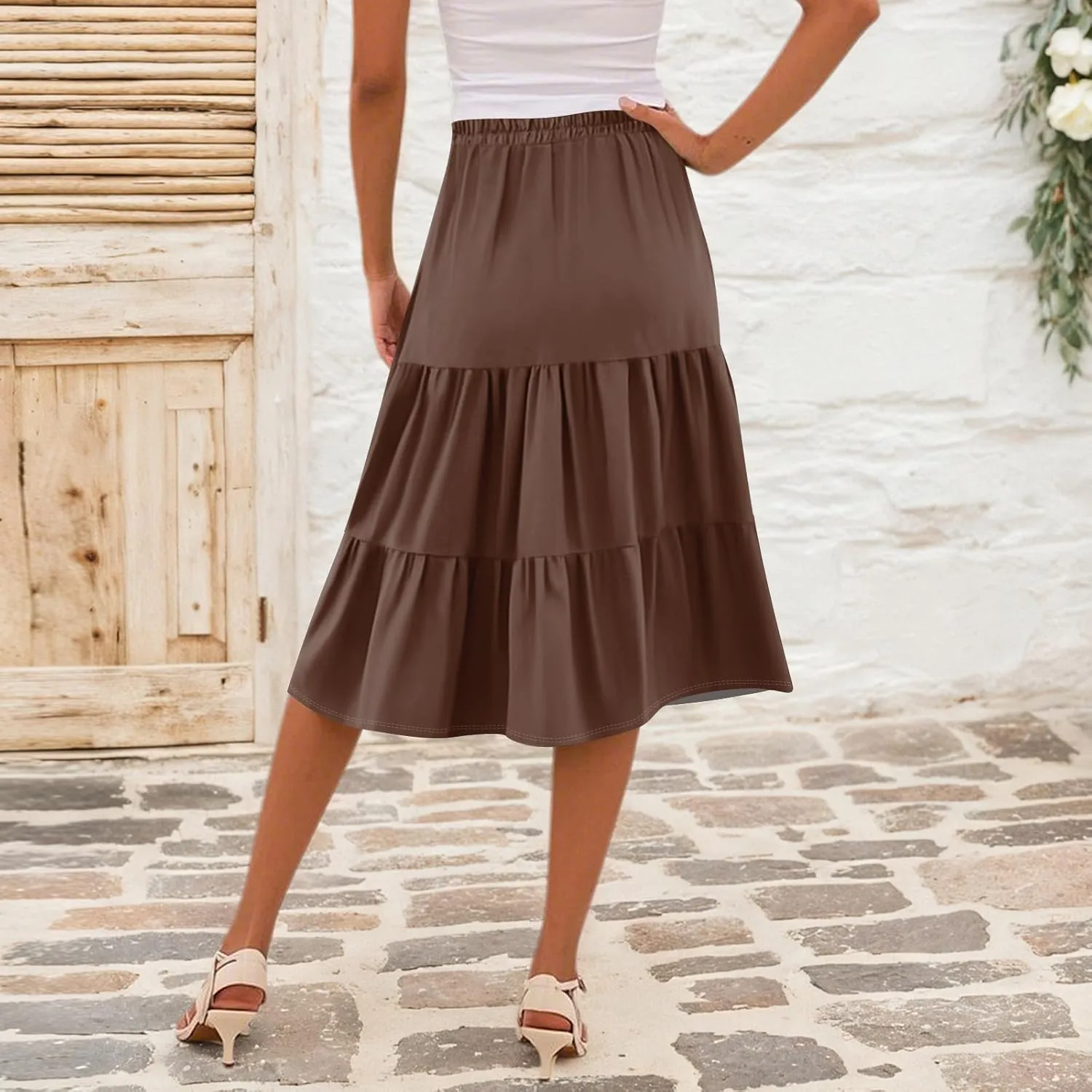 Floral Skirts for Women Calf Length Boho Beach Flowy Midi Skirt Vacation Tiered High Elastic Waist Skirts Summer