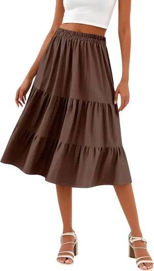 Floral Skirts for Women Calf Length Boho Beach Flowy Midi Skirt Vacation Tiered High Elastic Waist Skirts Summer