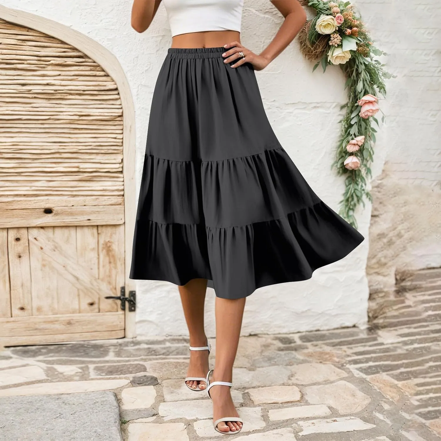 Floral Skirts for Women Calf Length Boho Beach Flowy Midi Skirt Vacation Tiered High Elastic Waist Skirts Summer