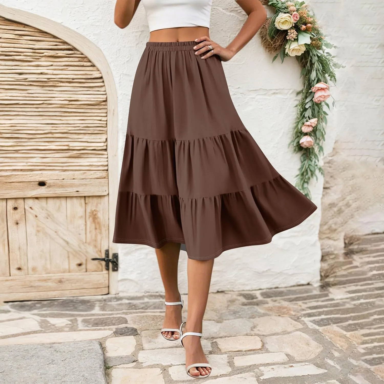 Floral Skirts for Women Calf Length Boho Beach Flowy Midi Skirt Vacation Tiered High Elastic Waist Skirts Summer