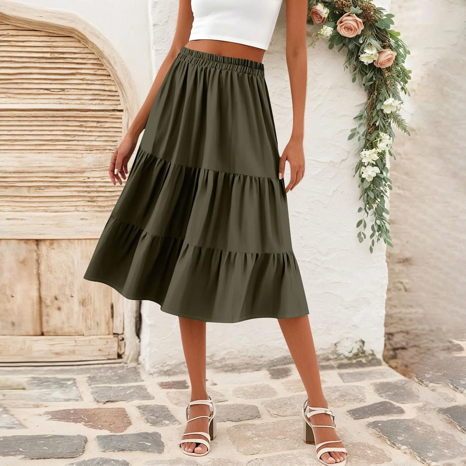 Floral Skirts for Women Calf Length Boho Beach Flowy Midi Skirt Vacation Tiered High Elastic Waist Skirts Summer