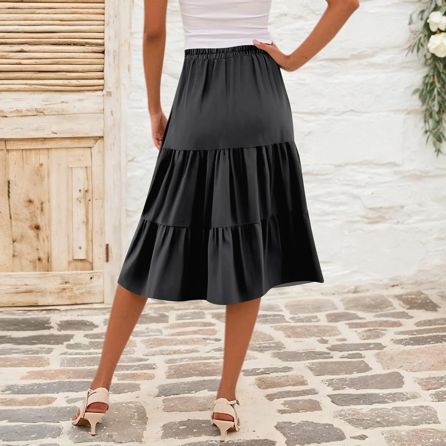 Floral Skirts for Women Calf Length Boho Beach Flowy Midi Skirt Vacation Tiered High Elastic Waist Skirts Summer
