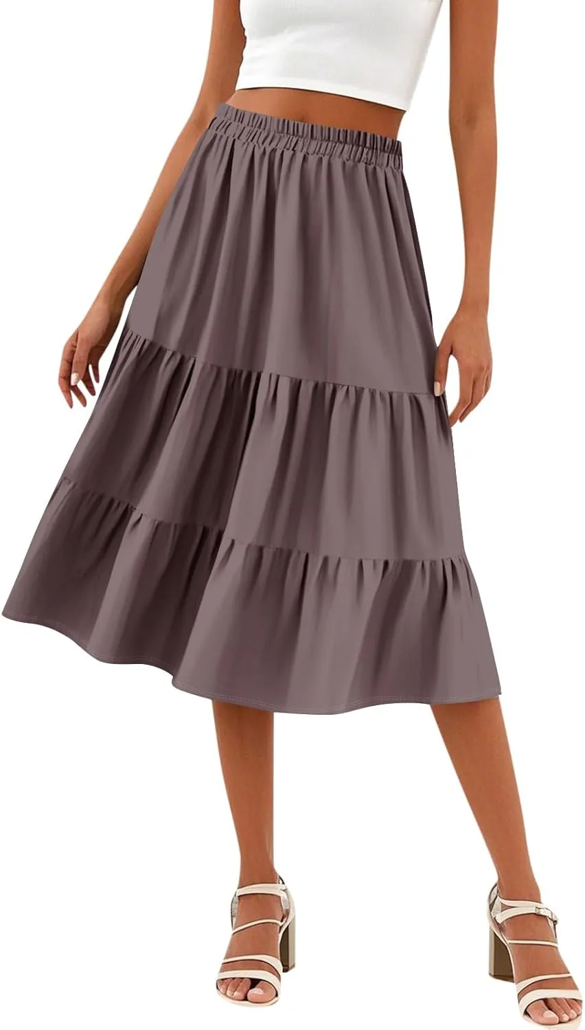 Floral Skirts for Women Calf Length Boho Beach Flowy Midi Skirt Vacation Tiered High Elastic Waist Skirts Summer