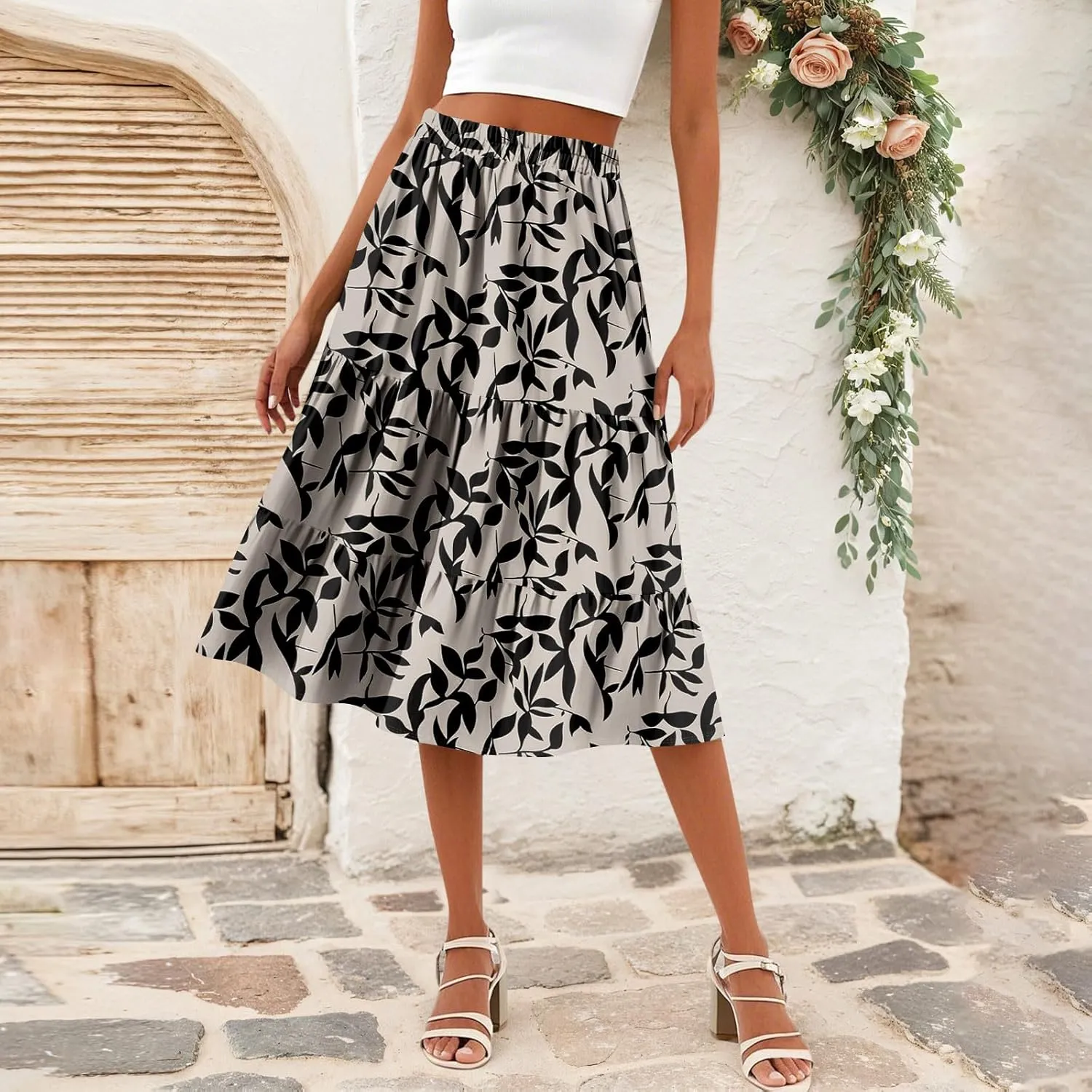 Floral Skirts for Women Calf Length Boho Beach Flowy Midi Skirt Vacation Tiered High Elastic Waist Skirts Summer