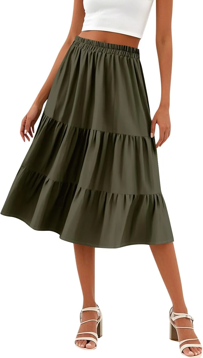 Floral Skirts for Women Calf Length Boho Beach Flowy Midi Skirt Vacation Tiered High Elastic Waist Skirts Summer
