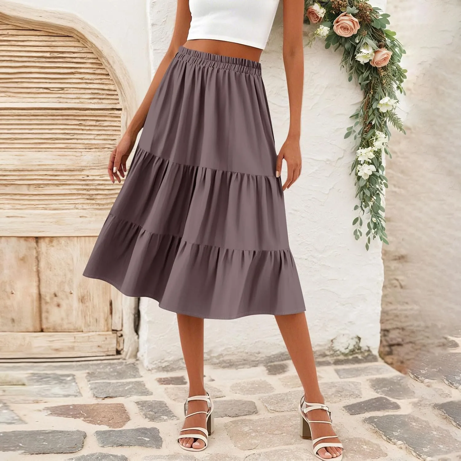 Floral Skirts for Women Calf Length Boho Beach Flowy Midi Skirt Vacation Tiered High Elastic Waist Skirts Summer