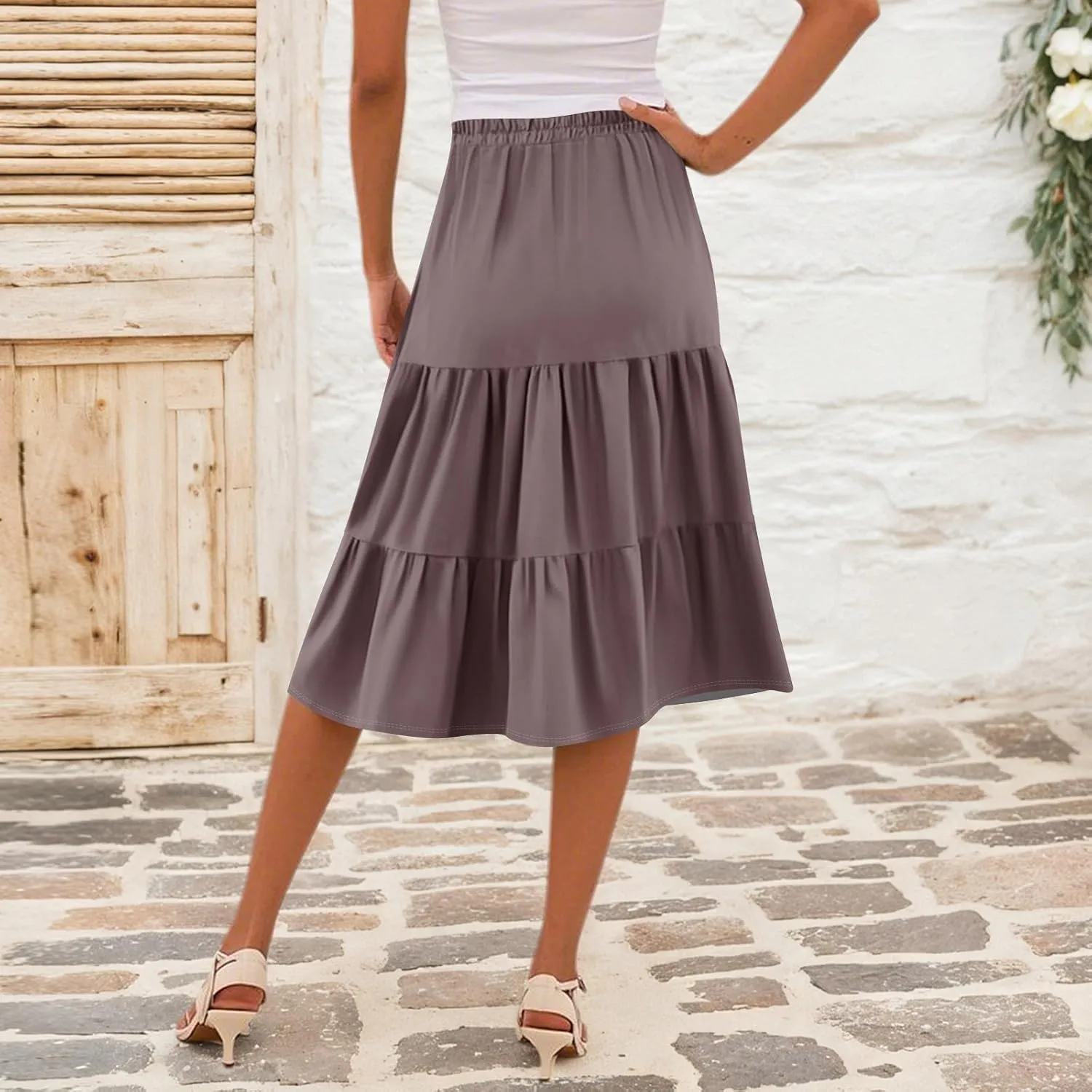 Floral Skirts for Women Calf Length Boho Beach Flowy Midi Skirt Vacation Tiered High Elastic Waist Skirts Summer