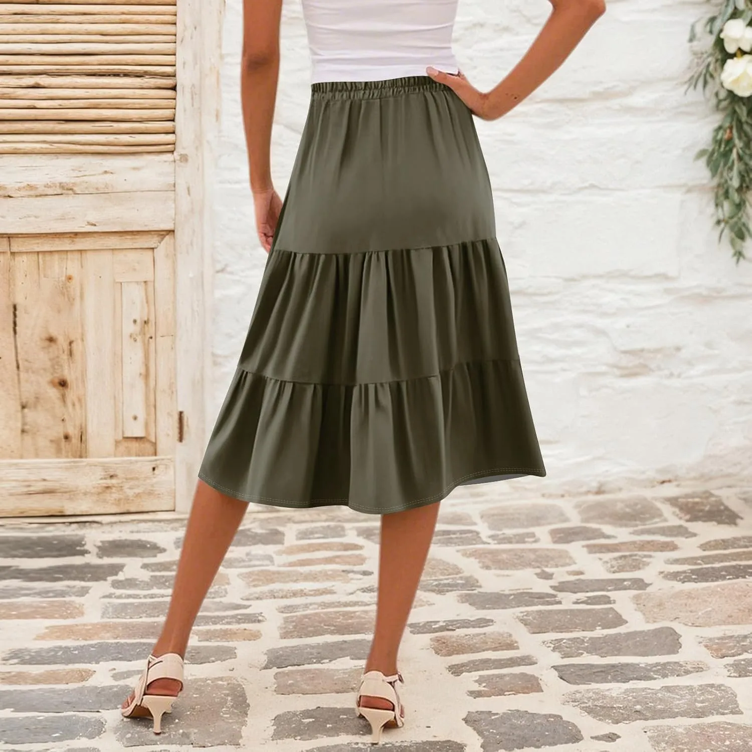 Floral Skirts for Women Calf Length Boho Beach Flowy Midi Skirt Vacation Tiered High Elastic Waist Skirts Summer
