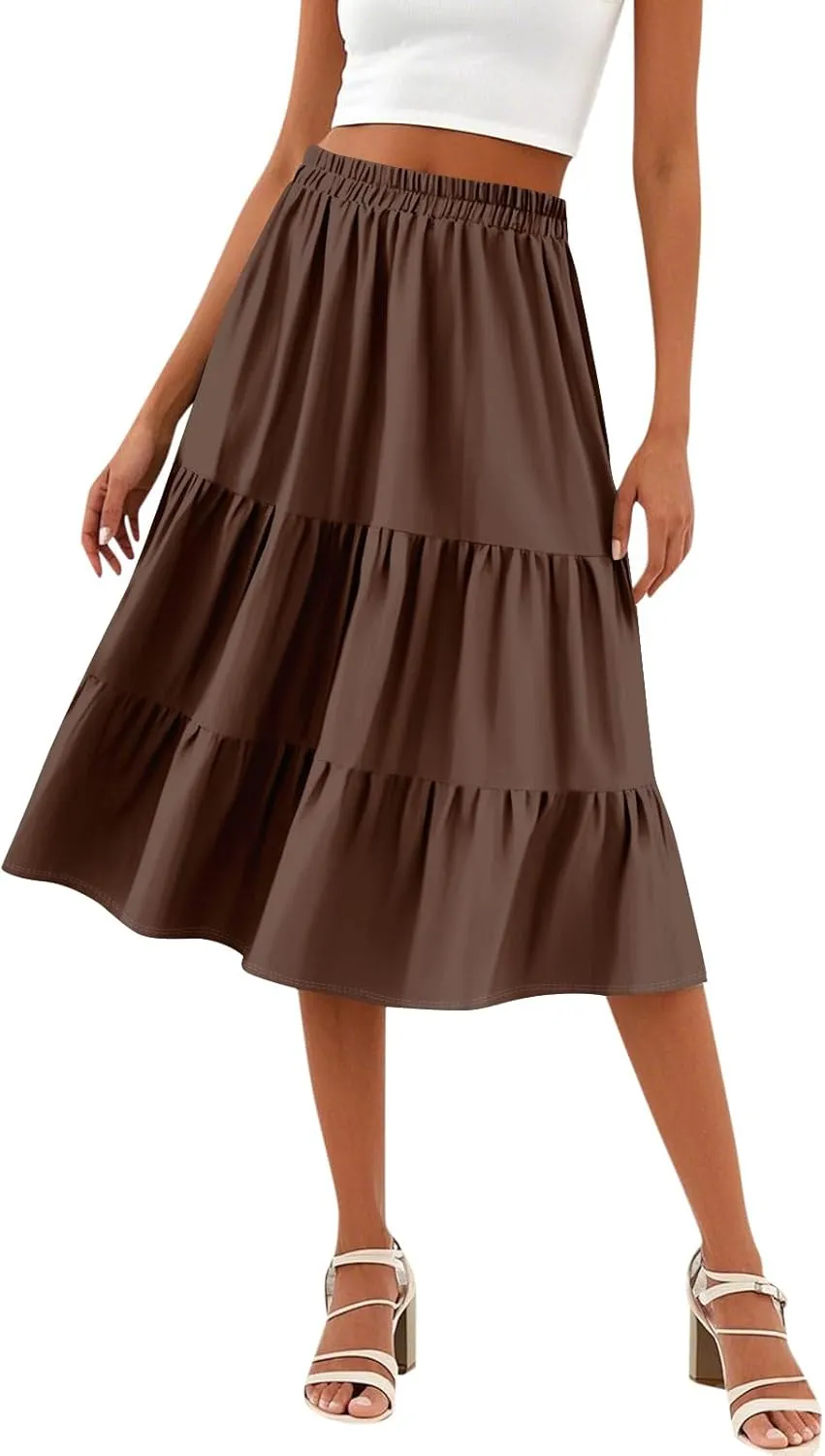 Floral Skirts for Women Calf Length Boho Beach Flowy Midi Skirt Vacation Tiered High Elastic Waist Skirts Summer
