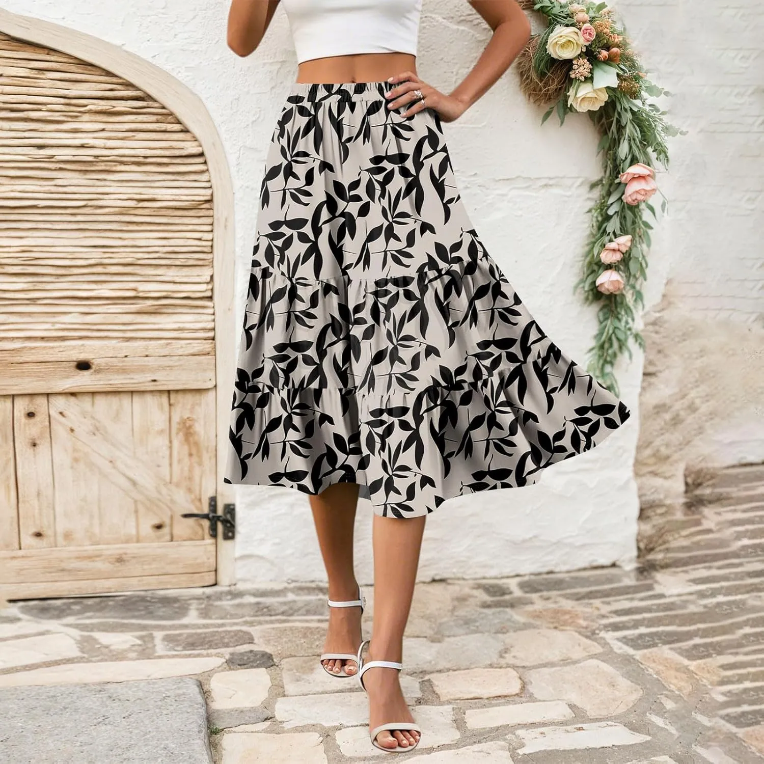Floral Skirts for Women Calf Length Boho Beach Flowy Midi Skirt Vacation Tiered High Elastic Waist Skirts Summer