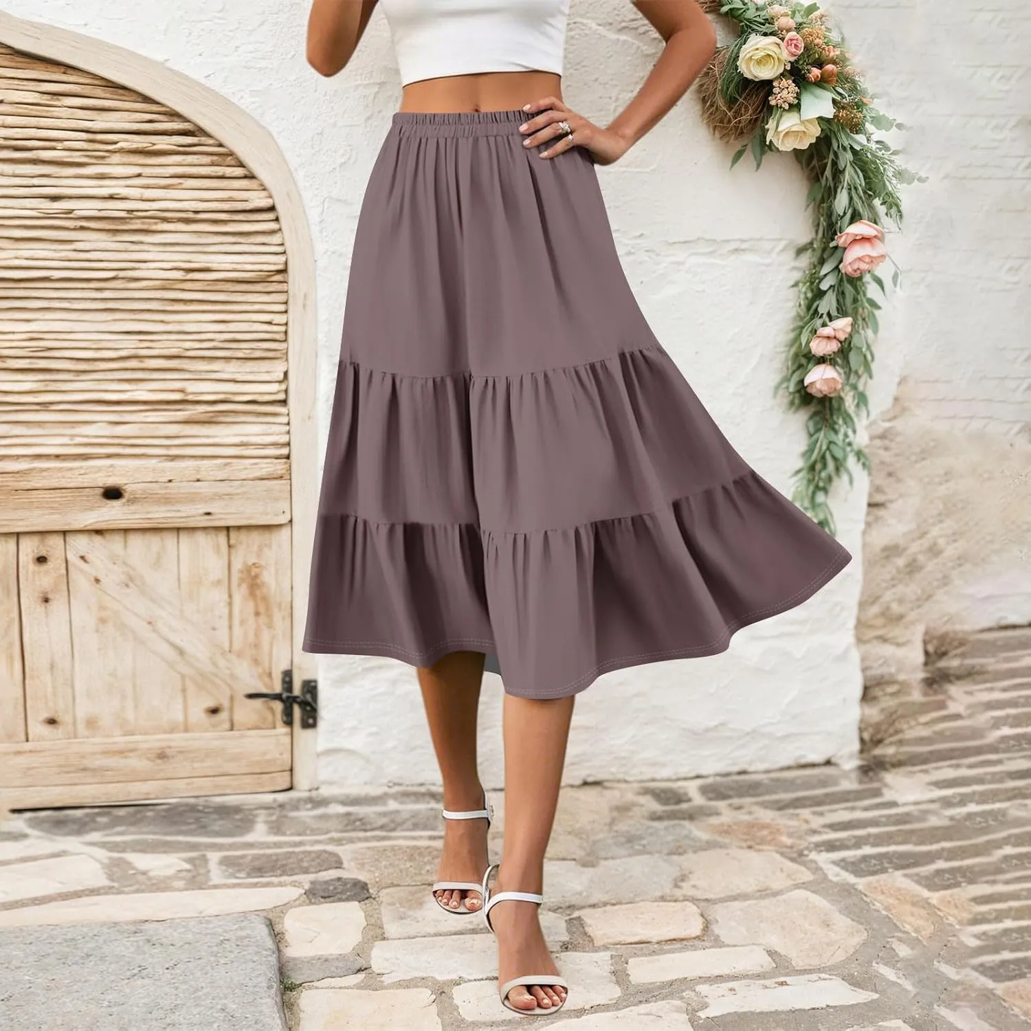 Floral Skirts for Women Calf Length Boho Beach Flowy Midi Skirt Vacation Tiered High Elastic Waist Skirts Summer