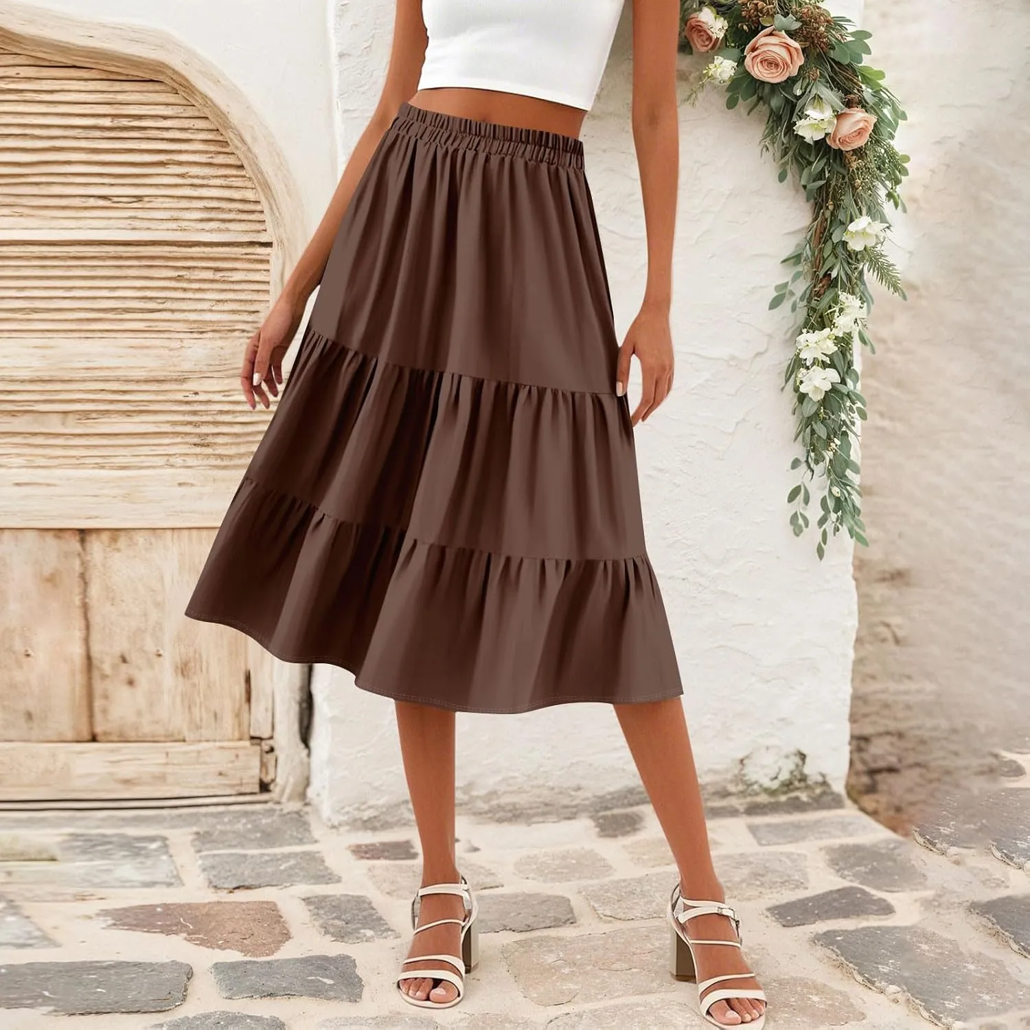 Floral Skirts for Women Calf Length Boho Beach Flowy Midi Skirt Vacation Tiered High Elastic Waist Skirts Summer