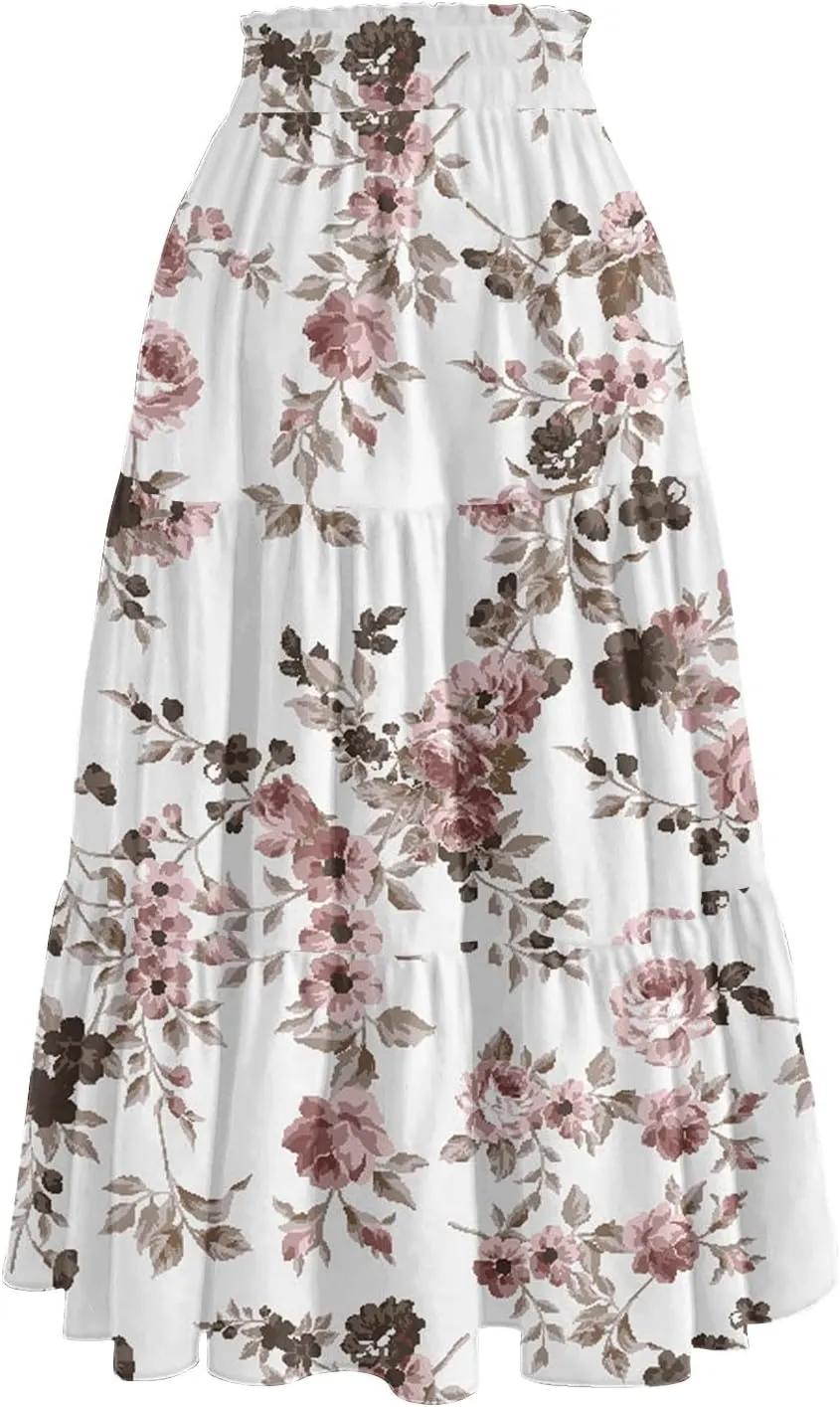 Floral Skirts for Women Midi Length Flutter Beach Flowy Vacation Trendy Festival Casual Peasant Swing Going Out Cute Skirts