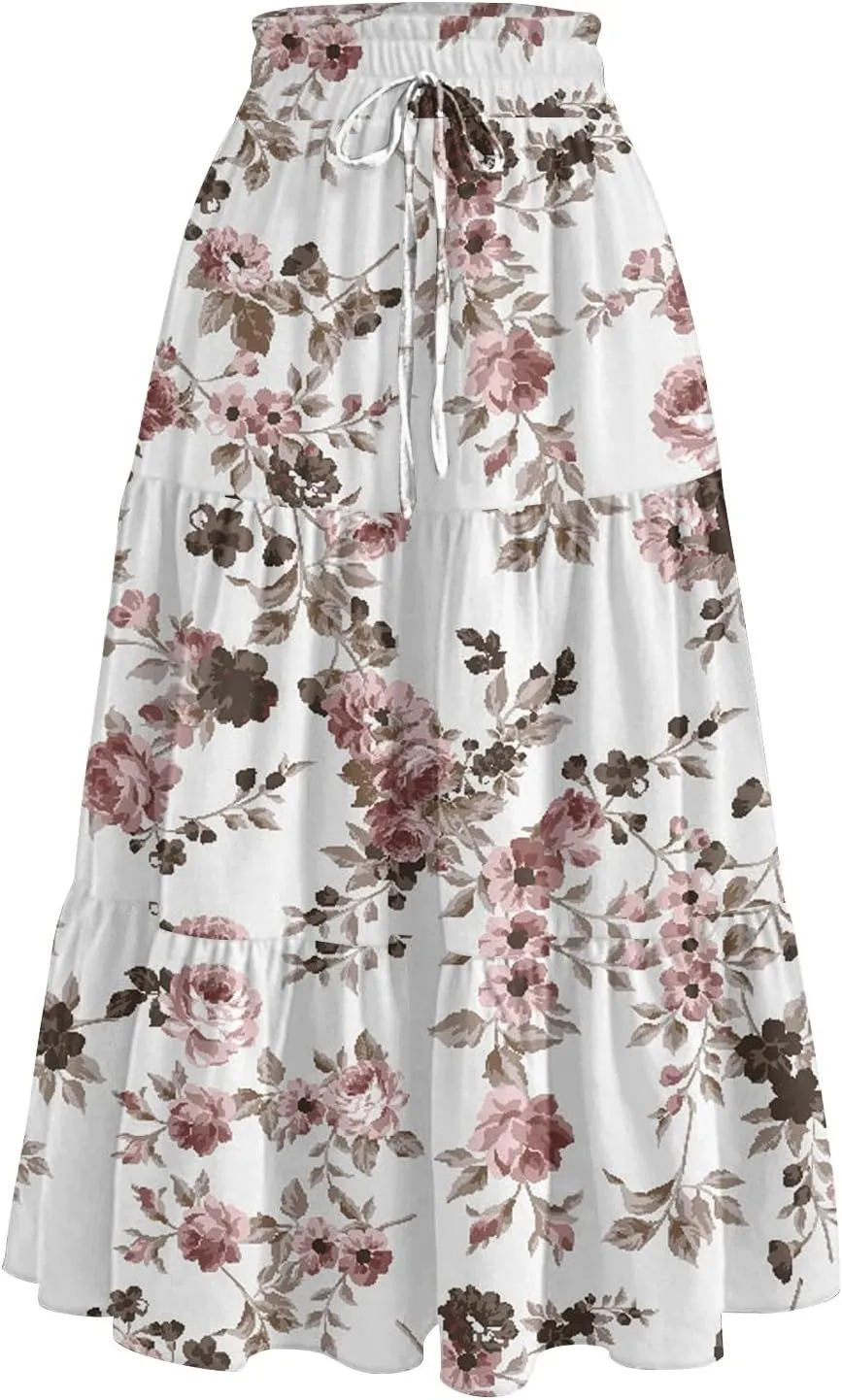 Floral Skirts for Women Midi Length Flutter Beach Flowy Vacation Trendy Festival Casual Peasant Swing Going Out Cute Skirts