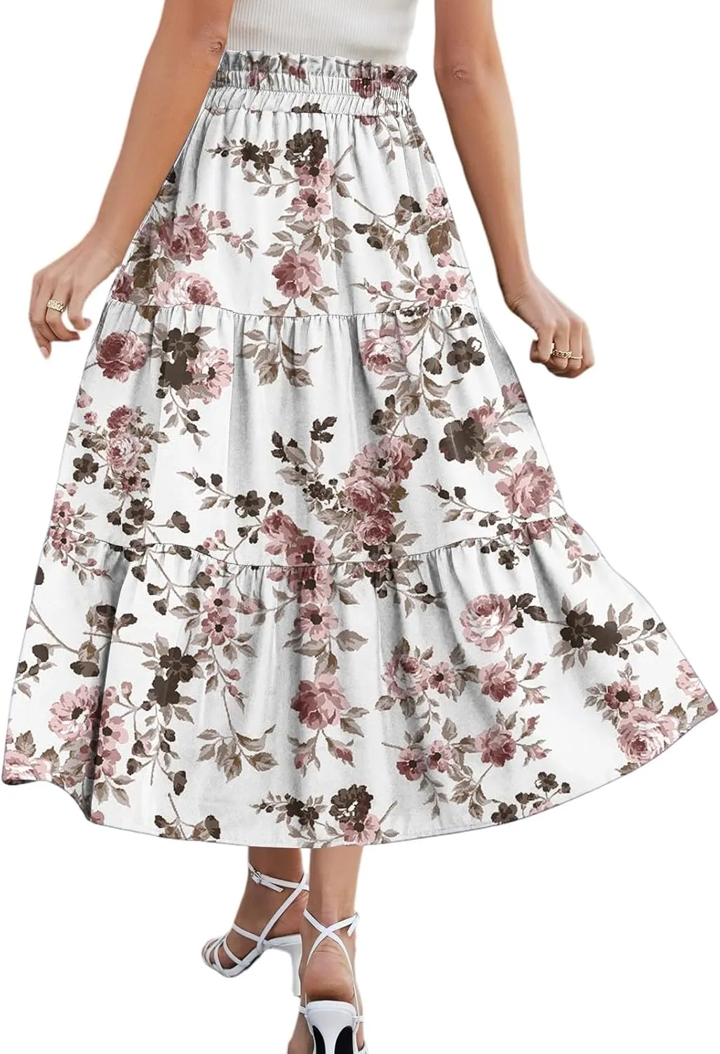 Floral Skirts for Women Midi Length Flutter Beach Flowy Vacation Trendy Festival Casual Peasant Swing Going Out Cute Skirts