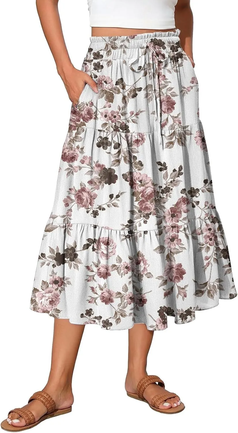 Floral Skirts for Women Midi Length Flutter Beach Flowy Vacation Trendy Festival Casual Peasant Swing Going Out Cute Skirts