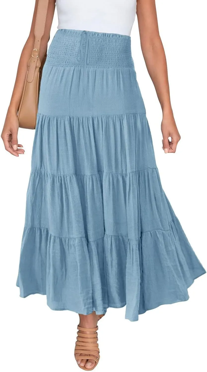 Flowy Maxi Skirt for Women Elastic High Waist Boho Pleated Long Skirts Summer Beach Tiered A-Line Skirts 2025 Trendy