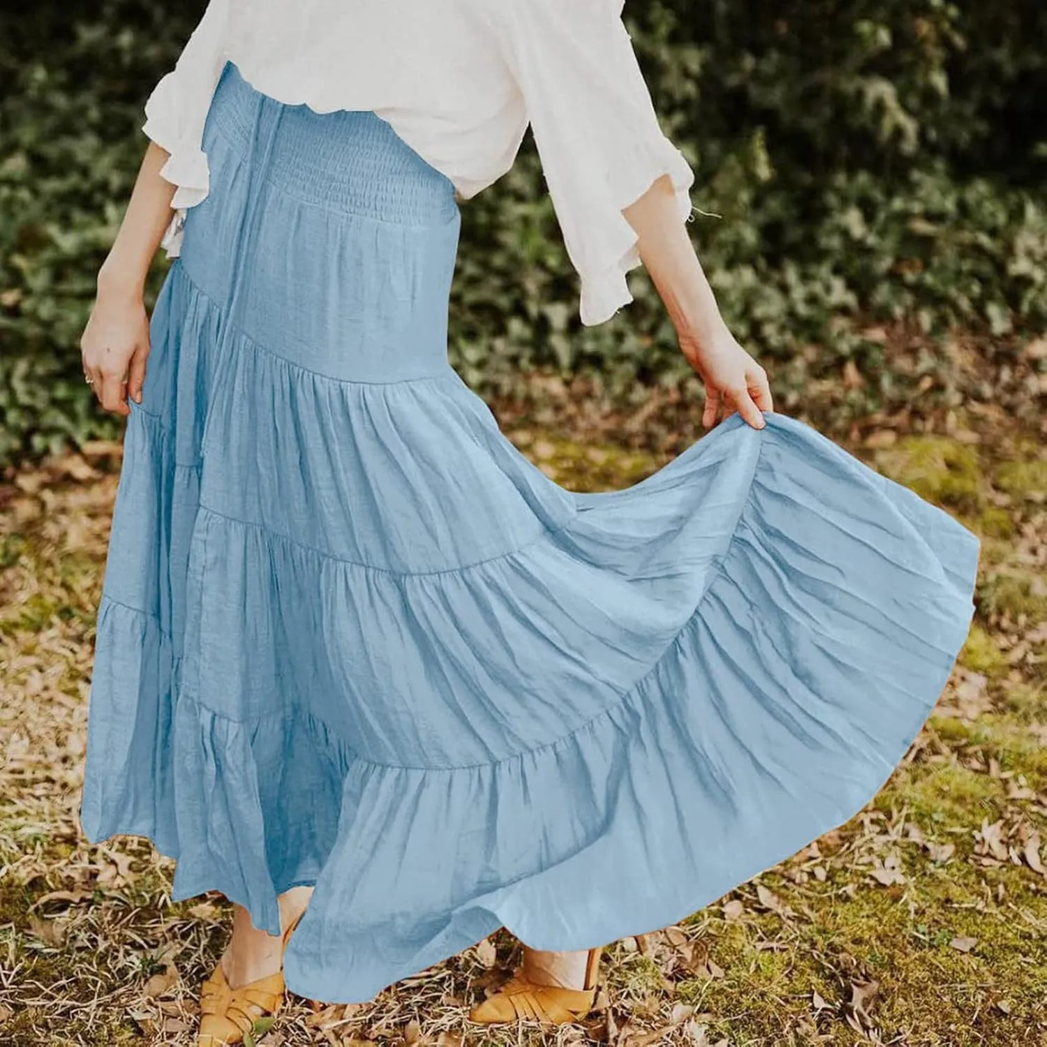 Flowy Maxi Skirt for Women Elastic High Waist Boho Pleated Long Skirts Summer Beach Tiered A-Line Skirts 2025 Trendy