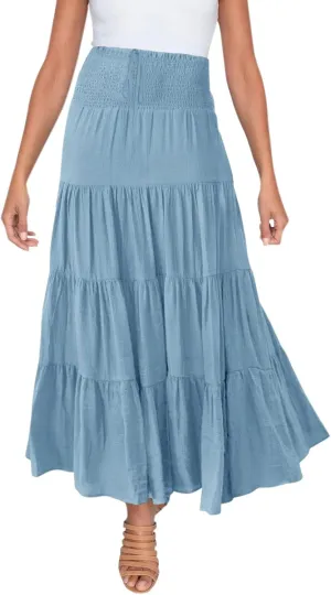 Flowy Maxi Skirt for Women Elastic High Waist Boho Pleated Long Skirts Summer Beach Tiered A-Line Skirts 2025 Trendy