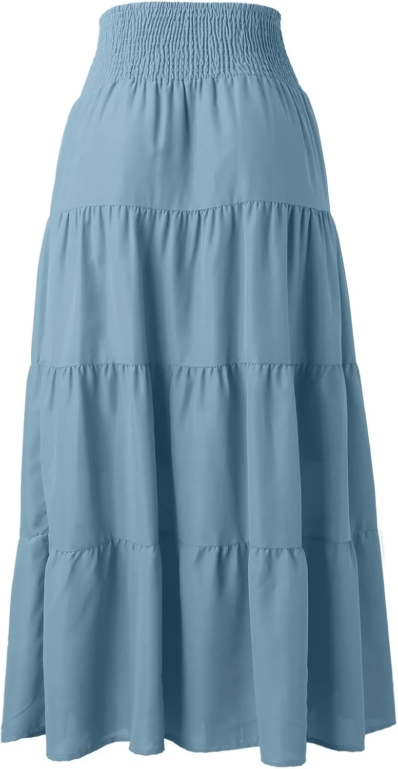 Flowy Maxi Skirt for Women Elastic High Waist Boho Pleated Long Skirts Summer Beach Tiered A-Line Skirts 2025 Trendy