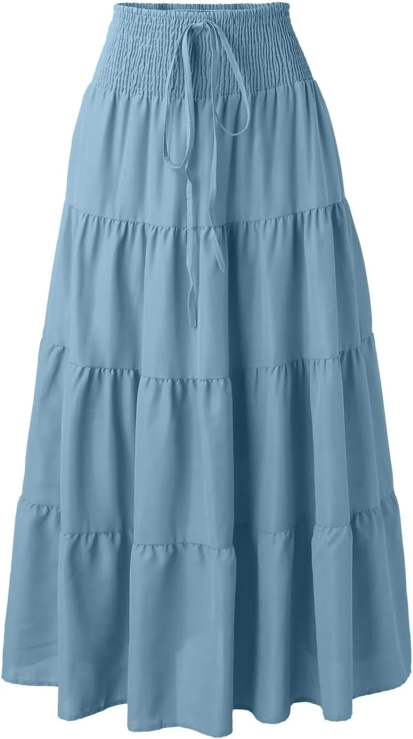 Flowy Maxi Skirt for Women Elastic High Waist Boho Pleated Long Skirts Summer Beach Tiered A-Line Skirts 2025 Trendy