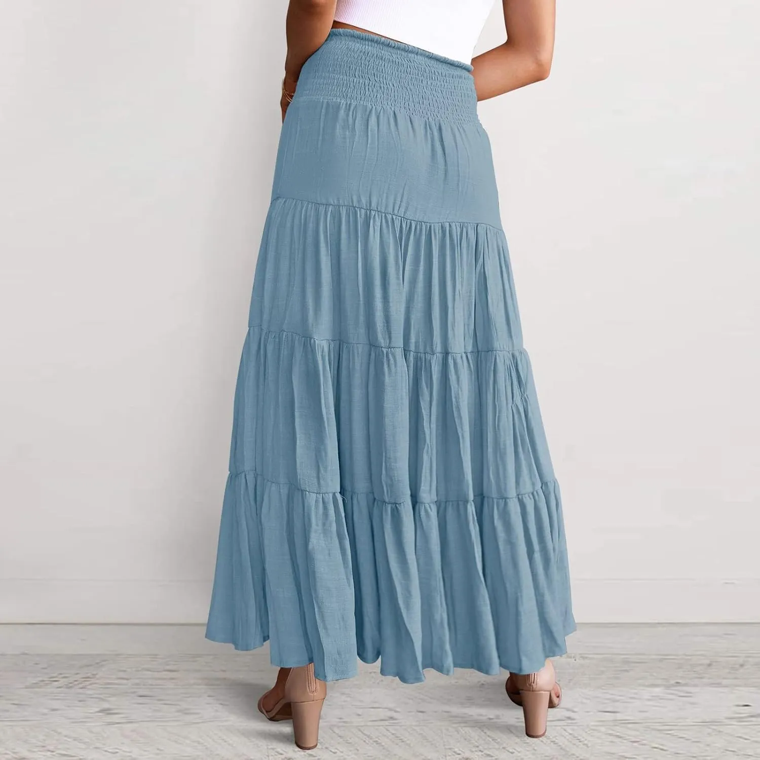 Flowy Maxi Skirt for Women Elastic High Waist Boho Pleated Long Skirts Summer Beach Tiered A-Line Skirts 2025 Trendy