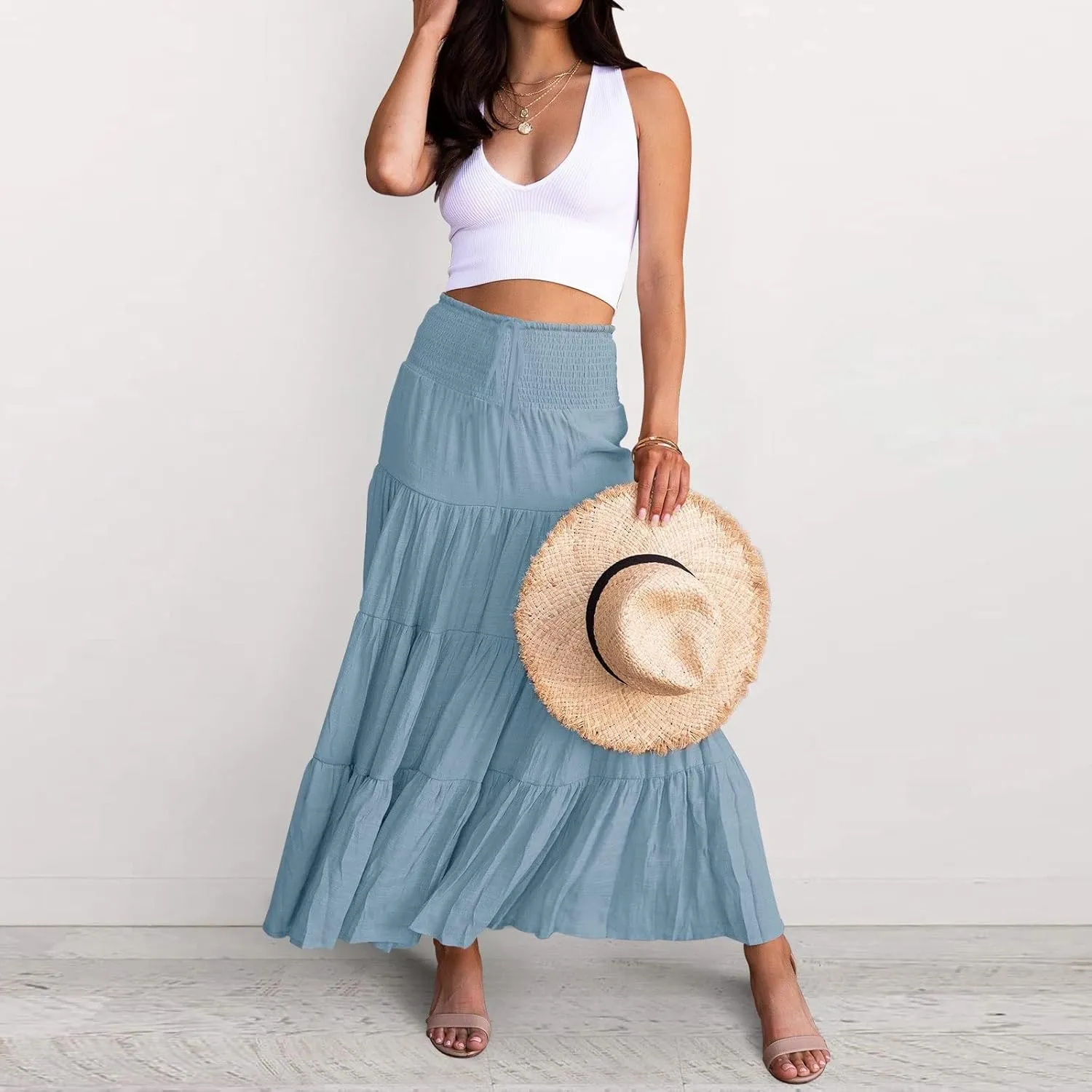 Flowy Maxi Skirt for Women Elastic High Waist Boho Pleated Long Skirts Summer Beach Tiered A-Line Skirts 2025 Trendy
