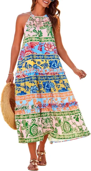 GRACE KARIN Women's Maxi Boho Dress Casual Summer Loose Long Floral Sundresses Flowy Halter Tiered Beach Vacation Outfits