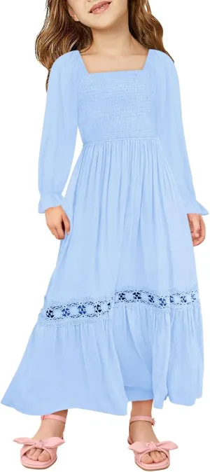 Haloumoning Girls Boho Summer Dresses Long Sleeve Square Neck Smocked Beach Dress Flowy A-line Maxi Dress 4-14 Years
