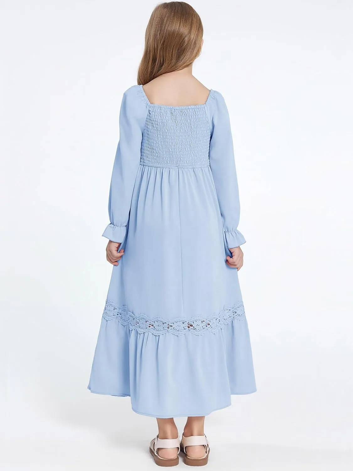 Haloumoning Girls Boho Summer Dresses Long Sleeve Square Neck Smocked Beach Dress Flowy A-line Maxi Dress 4-14 Years