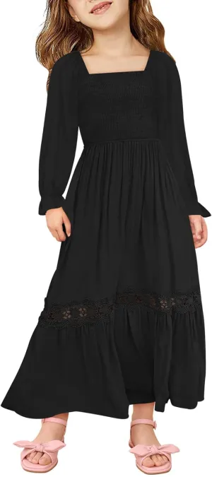 Haloumoning Girls Boho Summer Dresses Long Sleeve Square Neck Smocked Beach Dress Flowy A-line Maxi Dress 4-14 Years