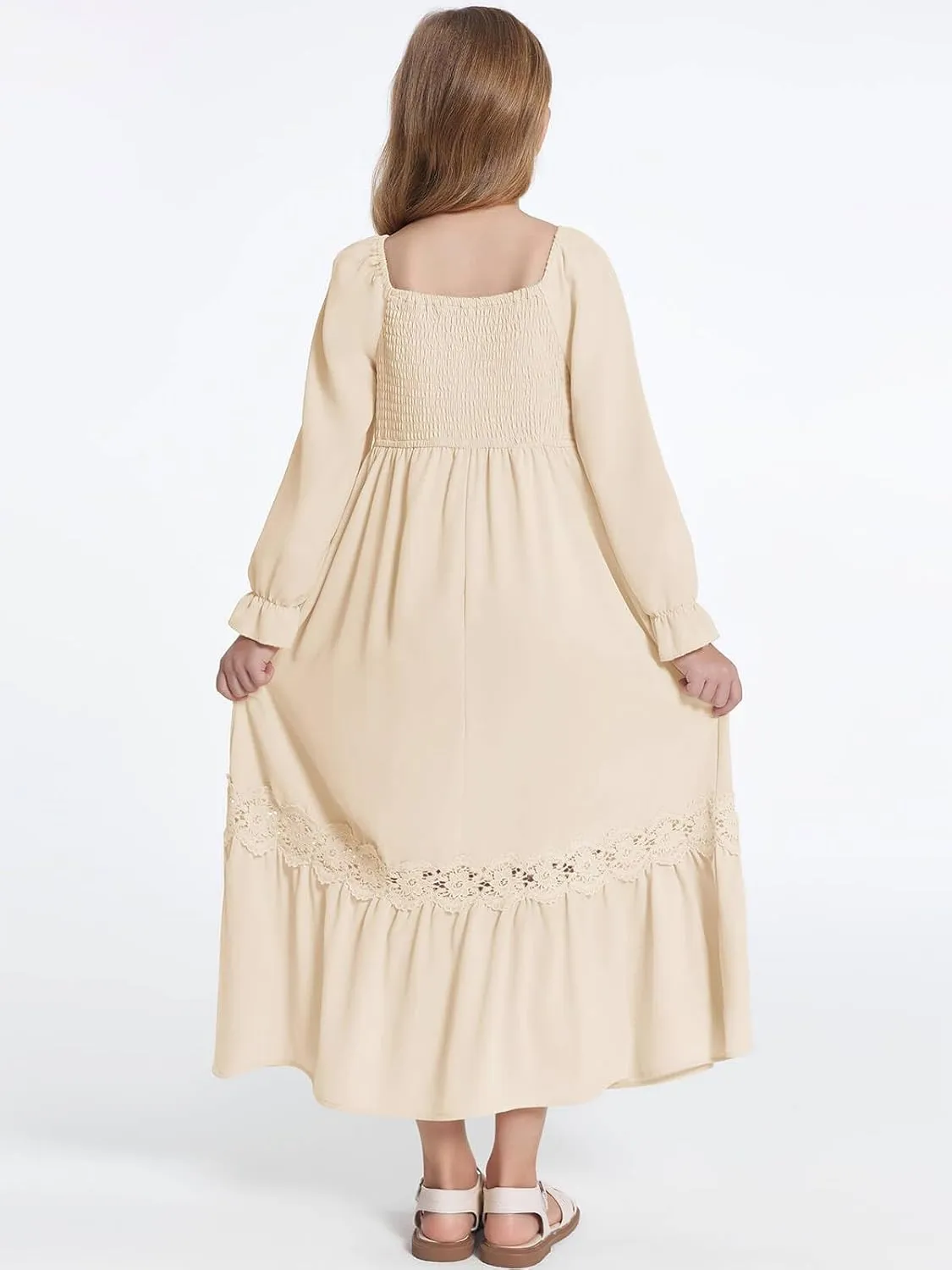 Haloumoning Girls Boho Summer Dresses Long Sleeve Square Neck Smocked Beach Dress Flowy A-line Maxi Dress 4-14 Years