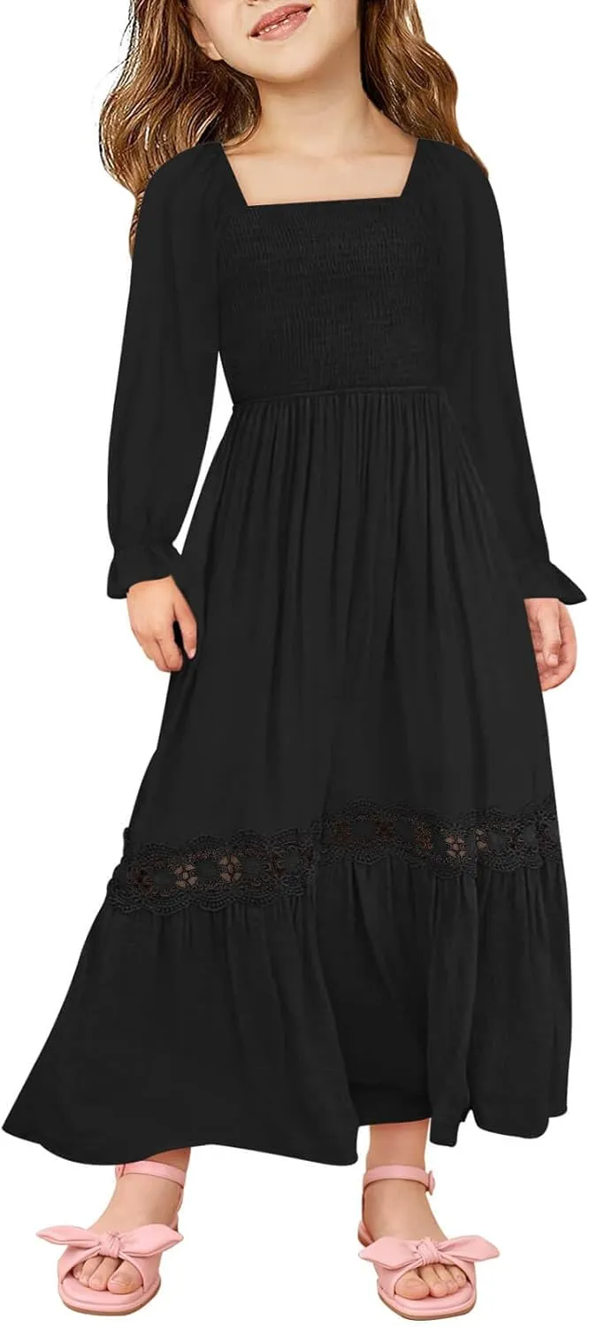 Haloumoning Girls Boho Summer Dresses Long Sleeve Square Neck Smocked Beach Dress Flowy A-line Maxi Dress 4-14 Years