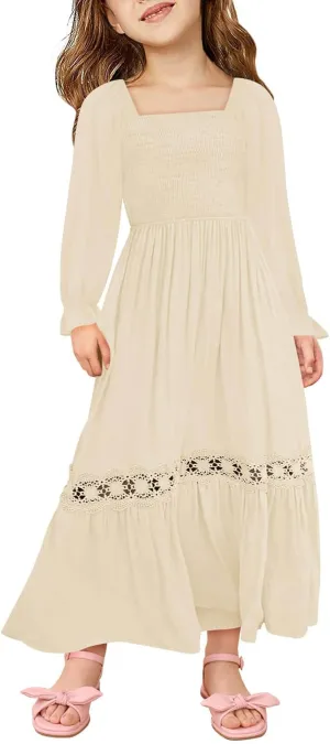 Haloumoning Girls Boho Summer Dresses Long Sleeve Square Neck Smocked Beach Dress Flowy A-line Maxi Dress 4-14 Years