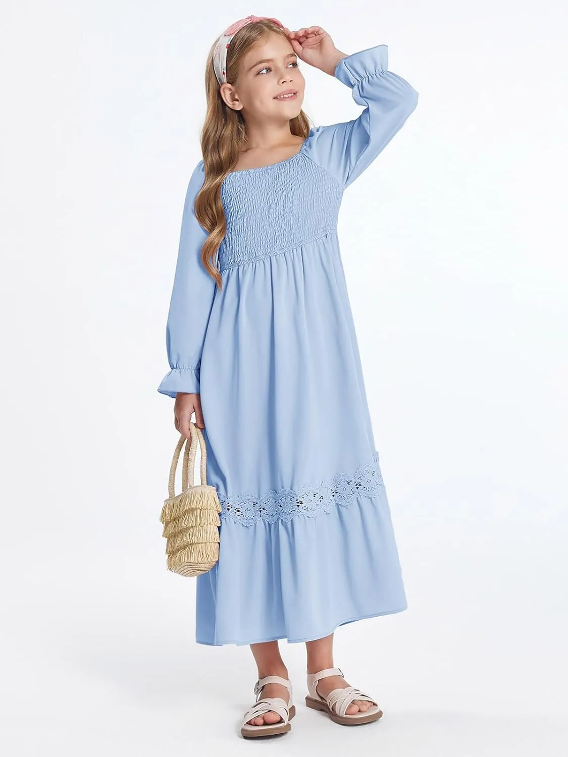 Haloumoning Girls Boho Summer Dresses Long Sleeve Square Neck Smocked Beach Dress Flowy A-line Maxi Dress 4-14 Years